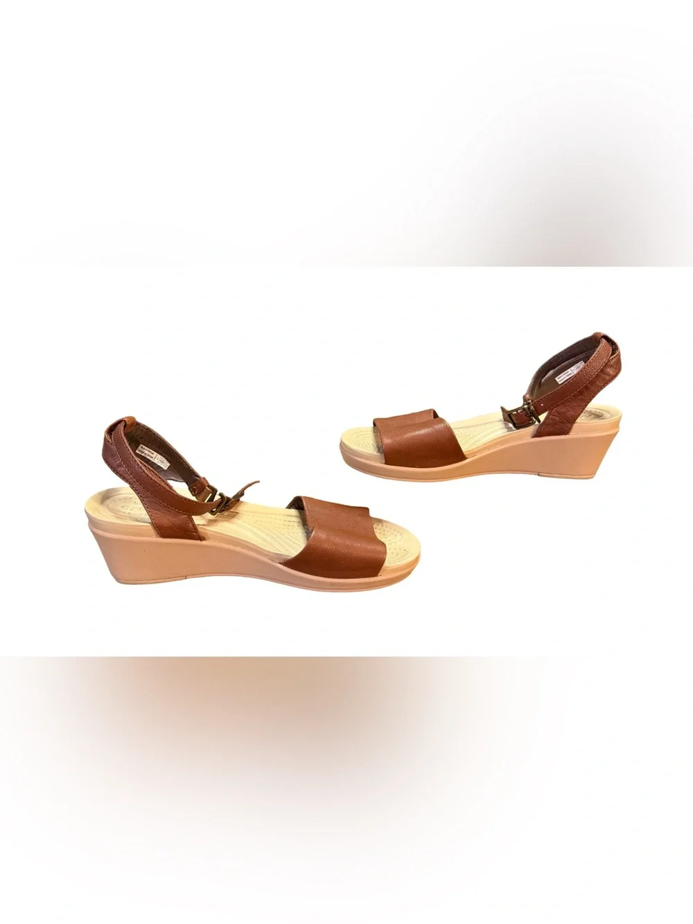 Crocs Leigh-Ann Ankle Strap Leather Wedge Sandals Brown/Tan Women’s Size 6